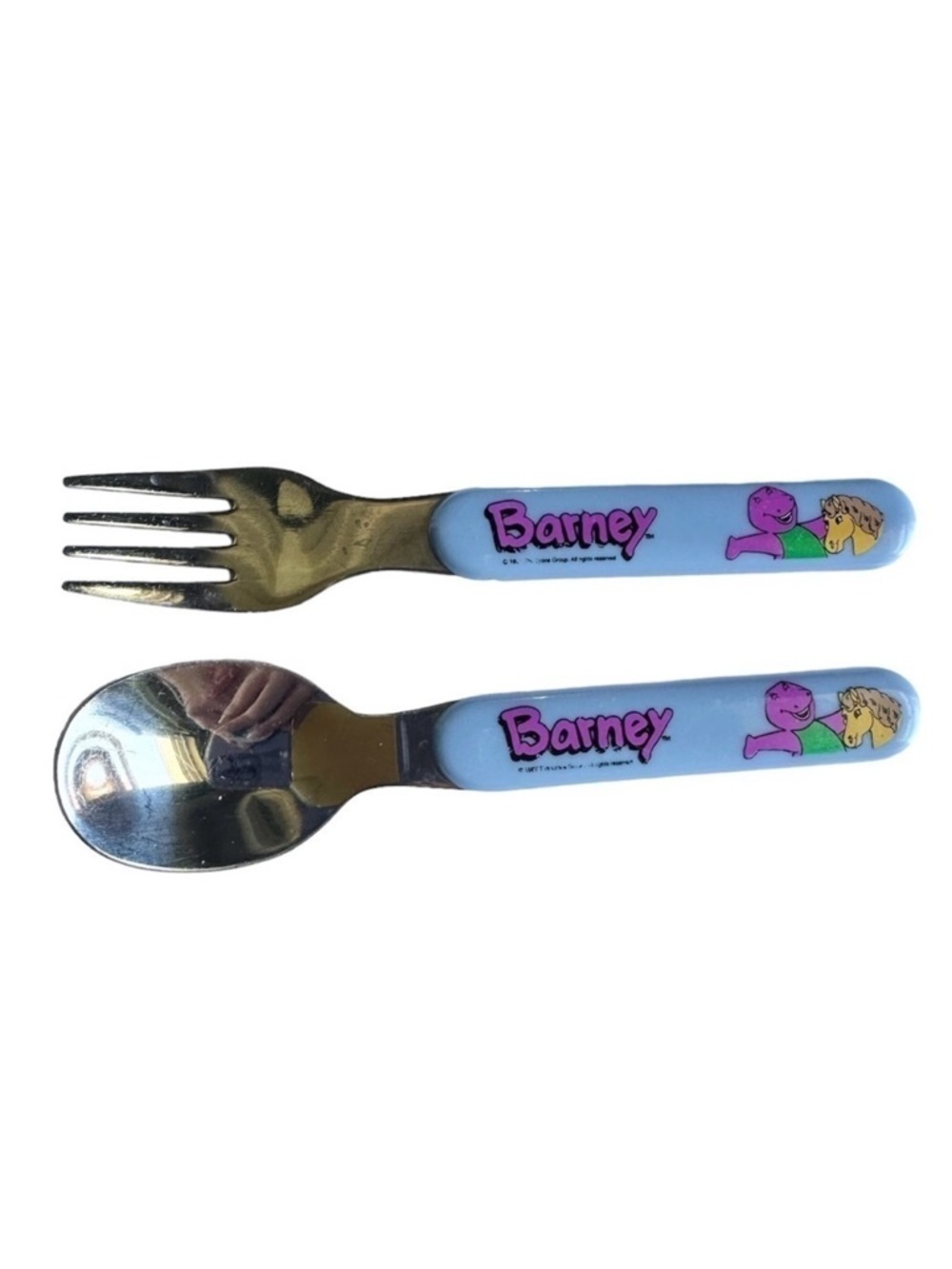 Vintage Barney 1997 Child Fork Spoon Set Utensils Yellow Horse Stainless Steel
